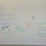 A white board with student writing, showing criteria for poor tweeting. 1 of 2.