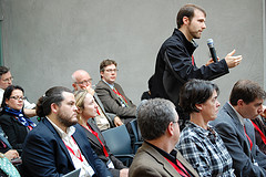 Discussion during an academic conference.
