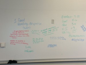 A white board with student writing, showing criteria for good tweeting