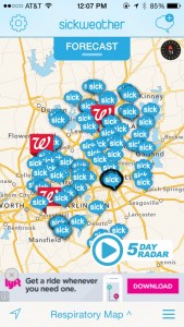 Map showing illness reports and walgreens locations