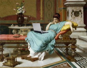 A Giannetti painting of a lounging woman, onto which Mike Licht has superimposed a laptop