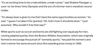 Describes it as an exciting time to be a man in sports and suggests that men should be paid the same as women